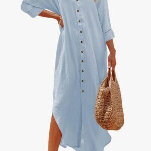 Elegant Casual Summer Button Down Front Long Sleeve Maxi Shirt Dress Plus